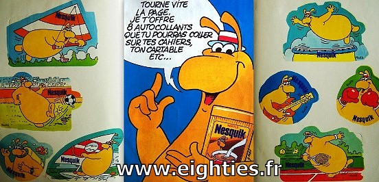 ANNEES, 80, 80's, eighties, Groquik, Groquick, Grosquick, Grosquik, Nesquik, Nesquick, NESTLE, Chocolat, mascotte, EMBLEME, enfance, trentenaires, pubs, PUBLICITE